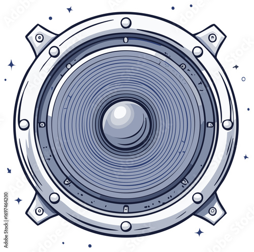 Illustration of an Isolated Loudspeaker with Spiraling Sound Elements and Star Decorations