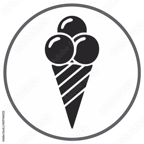 Stylized black and white icon of a triple scoop ice cream cone within a circular border