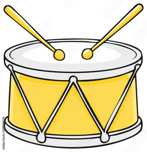 Cartoon Yellow Drum with Drumsticks: Musical Instrument, Rhythm, Beat