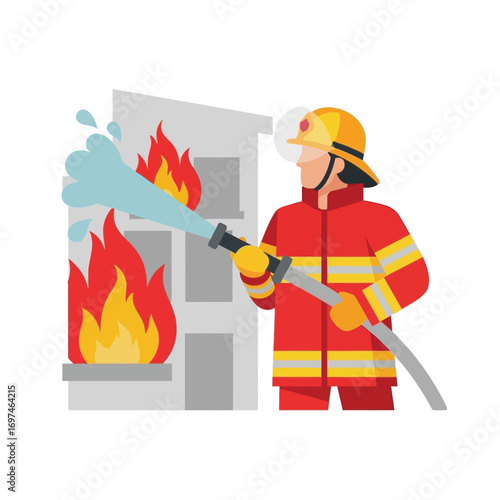 A firefighter in uniform battling a building fire with a water hose, extinguishing flames.