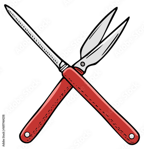 Illustration of manual hair trimmer with red handles and silver blades for grooming