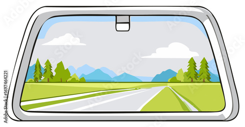 View from a car windshield of a scenic rural road and mountain landscape illustration