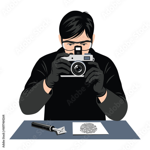 A person in black attire taking a photo of evidence at a crime scene.