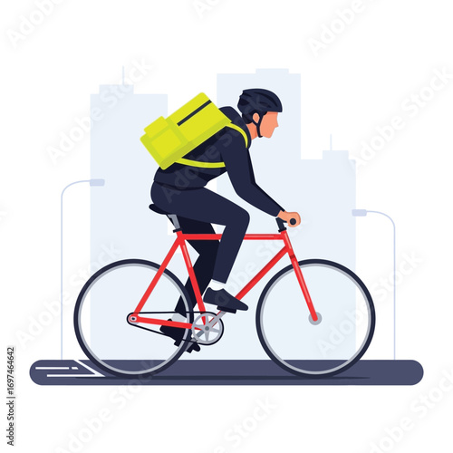 Delivery man on a red bicycle with a yellow backpack riding through the city.