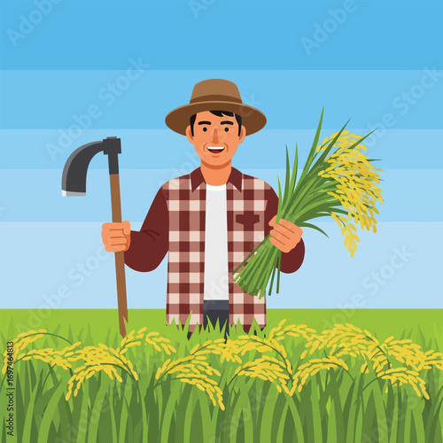 Smiling farmer holding rice stalks and a hoe in a rice paddy.