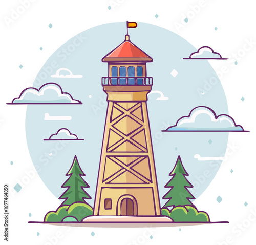 Lighthouse on hill with pine trees and clouds in a simple cartoon style