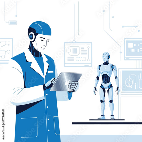 A scientist robot examines data on a tablet, alongside a fellow robot in a futuristic lab setting.