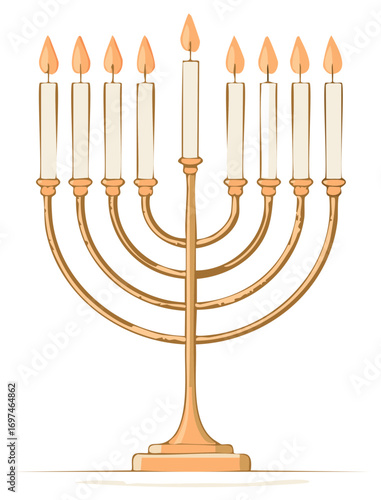 Illustration of a golden menorah with burning candles, celebrating Hanukkah.
