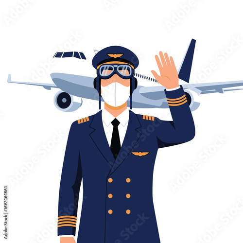 Airline pilot in uniform, wearing a mask, waves near a plane.