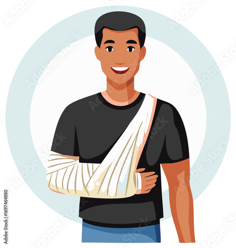 Injured Man with Arm Sling Smiling Happily Recovery Medical Support Healthcare