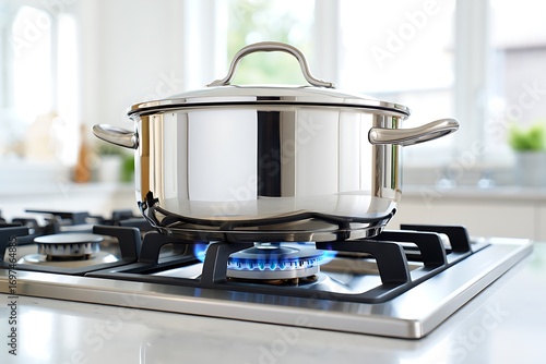 Close-up of a gas stove burner with bright blue and orange flames. Heating, cooking, and culinary preparation in a modern kitchen. Ideal for home, chef, and food imagery.
