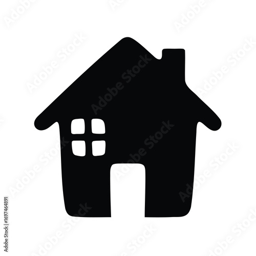 Simple black house icon with four pane window and chimney illustration