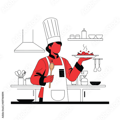 Chef proudly presents a culinary creation, showcasing skillful food preparation in a professional kitchen setting.
