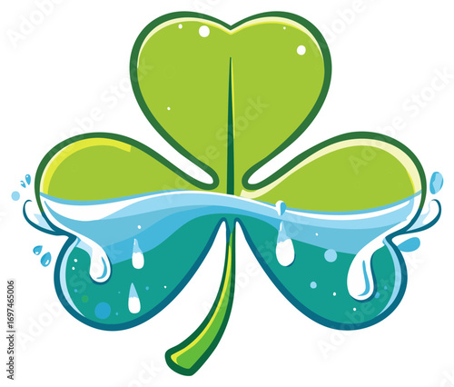 Green Shamrock Leaf with Water Illustration for St Patrick's Day Festive Design