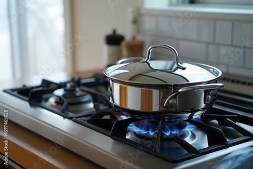 Close-up of a gas stove burner with bright blue and orange flames. Heating, cooking, and culinary preparation in a modern kitchen. Ideal for home, chef, and food imagery.