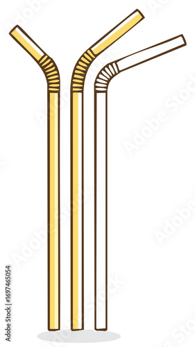 Illustration of three colorful flexible drinking straws for beverages