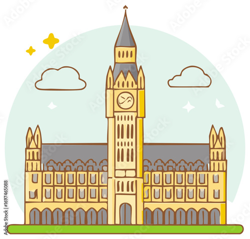 Cartoon illustration of a tall clock tower building in a European city