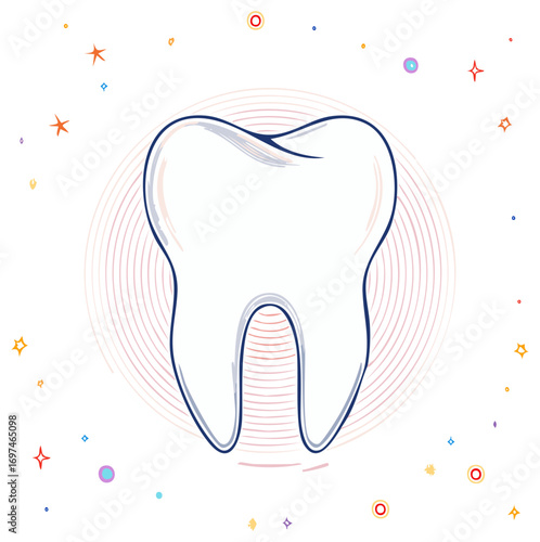 Dental illustration of healthy tooth surrounded by design elements