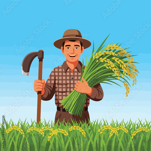 A smiling farmer holding a bundle of rice and a harvesting tool.