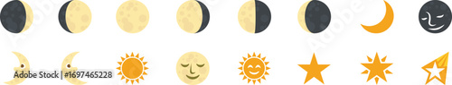 Celestial moon phases, sun, and star icons set in flat vector style. Includes crescent, eclipse, and glowing star illustrations. Perfect for astrology, astronomy, and cosmic design projects.