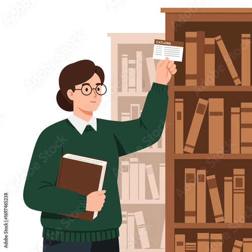 A librarian in glasses holding a library card and a book in a library setting.