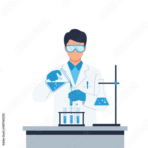 Scientist in lab coat and goggles pours blue liquid from beaker into test tube in a laboratory setting.