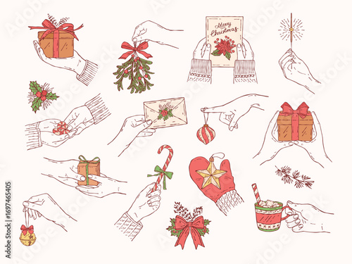 Vector set of Christmas illustrations with hands holding gifts, candy canes, ornaments, and festive decorations. Minimal outline line art with colorful accents for holiday cards, wrapping, and decor