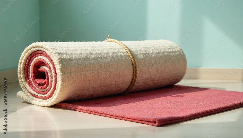 Obraz premium A rolled-up carpet ready for moving, tied securely with rope, sits on a clean, empty floor awaiting transport Perfect for relocation, home improvement, and moving services imagery , tied, domestic