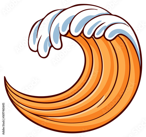 Stylized Cartoon Wave with Orange and White Crests in Bold Outline Illustration