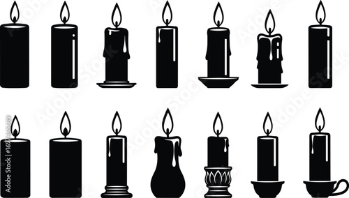 Burning candle silhouette collection, black and white vector illustration, decorative wax candle designs, spiritual light artwork, vintage flame icon set