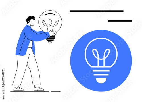 Wallpaper Mural Person lifting a large lightbulb symbolizing creativity, innovation, and ideas. Blue circle highlights lightbulb concept. Ideal for creativity, innovation, brainstorming, business strategy, learning Torontodigital.ca