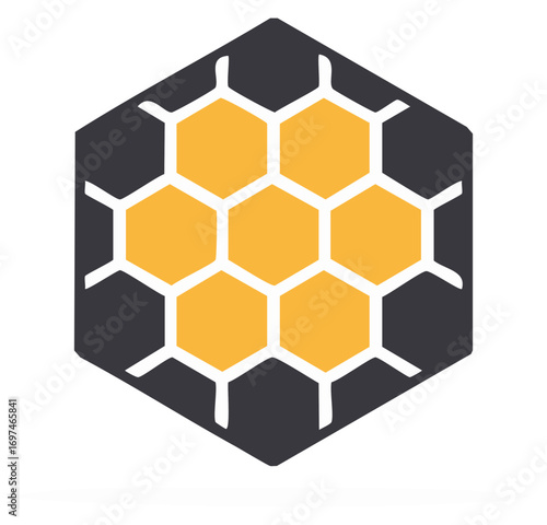 Abstract illustration of honeycomb shape, geometric pattern, orange and black colors, graphic design