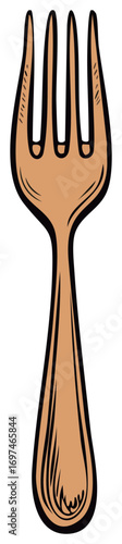Illustration of a stylish single fork with four prongs, modern elegant kitchen cutlery object in brown tones with shadows