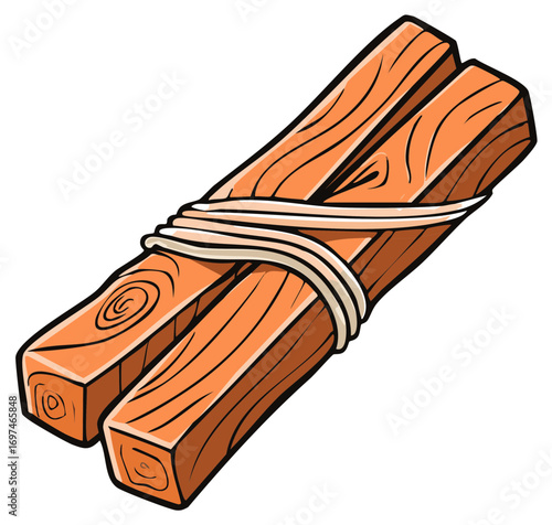 Bundled wooden planks tied with rope in a simplified illustration