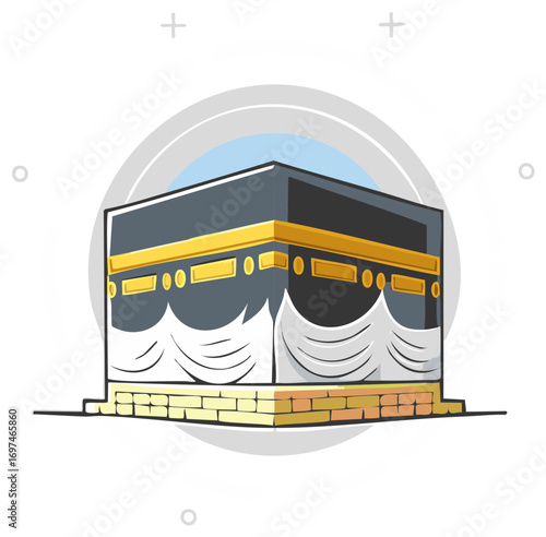 Illustration of the Kaaba with Gold Embellishments and Textured Design Against a Circular Background