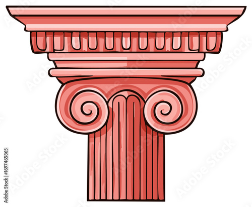 Stylized cartoon illustration of a classical Ionic order column in shades of pink