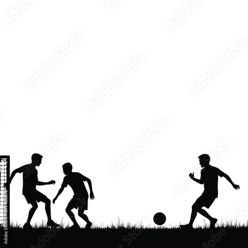 Soccer Players Dribbling Ball Near Goal Silhouette Keywords: soccer, football, game, sport, goal