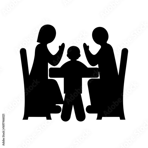 Illustration of a family praying together at a table with child