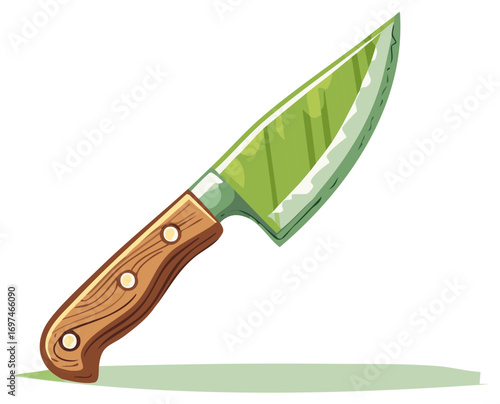 Cartoon kitchen knife with a green blade and wooden handle, an isolated vector illustration for cooking.
