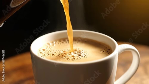 A stream of creamy coffee or tea being poured into a white ceramic mug, creating a frothy surface with bubbles.