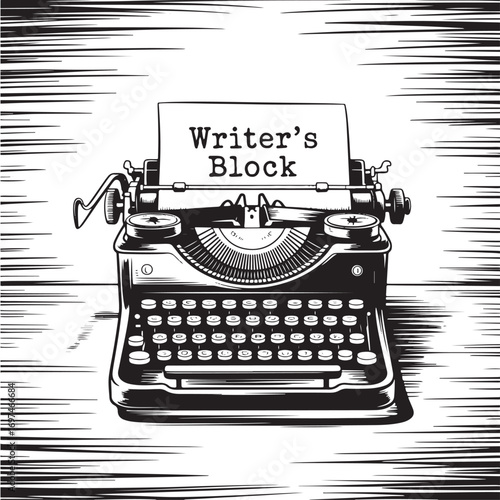 Vintage Typewriter with Writers Block Text - Black and White Illustration