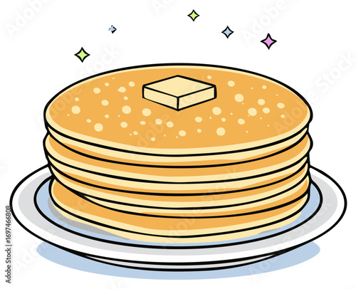 Stack of Pancakes on Plate with Butter and Sparkles Fresh Breakfast Food Illustration