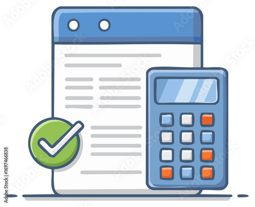 Calculator and Document with Green Check Mark Depicting Finance, Approval, and Accuracy