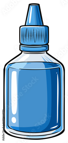 Blue eyedrop bottle with clear liquid and striped blue cap