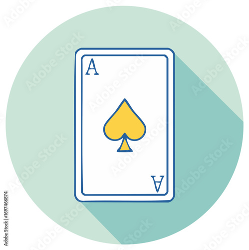 Ace of Spades Playing Card Icon on Mint Circle with Long Shadow for Games Luck Casino