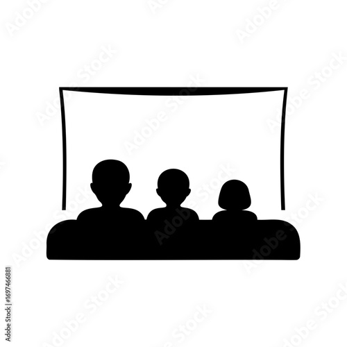 Silhouette of three people watching movie on a screen in the cinema