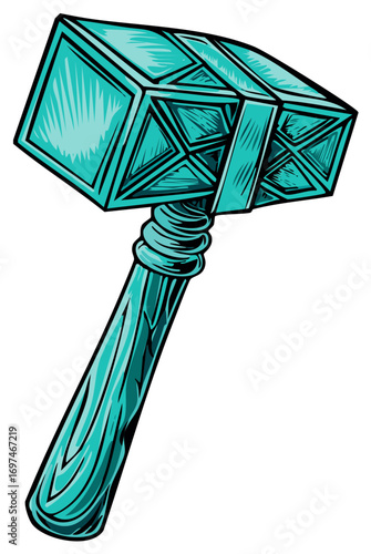Geometric Turquoise Hammer with Intricate Detailing in a Creative Woodcut Style Illustration