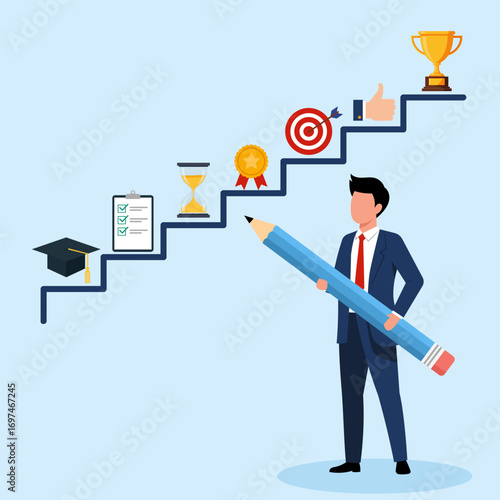 Illustration of a businessman on a stairway of success, symbolizing career goals, personal development, and achieving milestones.
