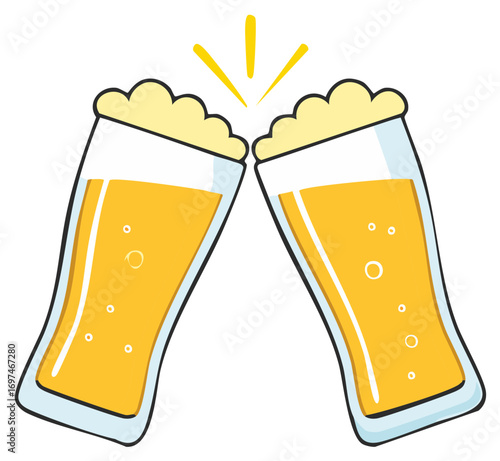 Two cartoon beer glasses clinking together in a cheerful toast, celebrating with frothy golden drinks.