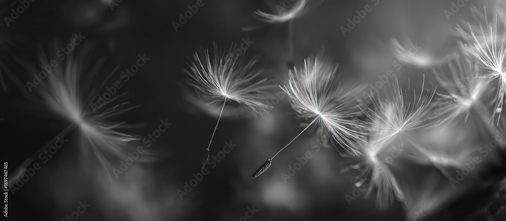 Naklejka premium Black and white close-up of dandelion seeds floating in soft focus
